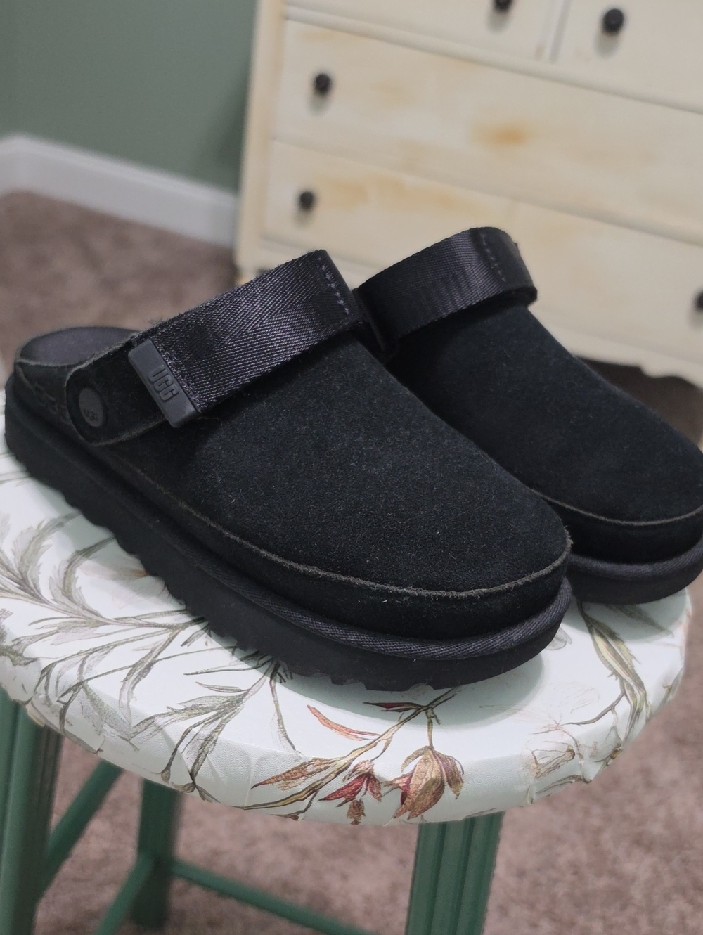 UGG Black Suede Strap Slip-On Clogs